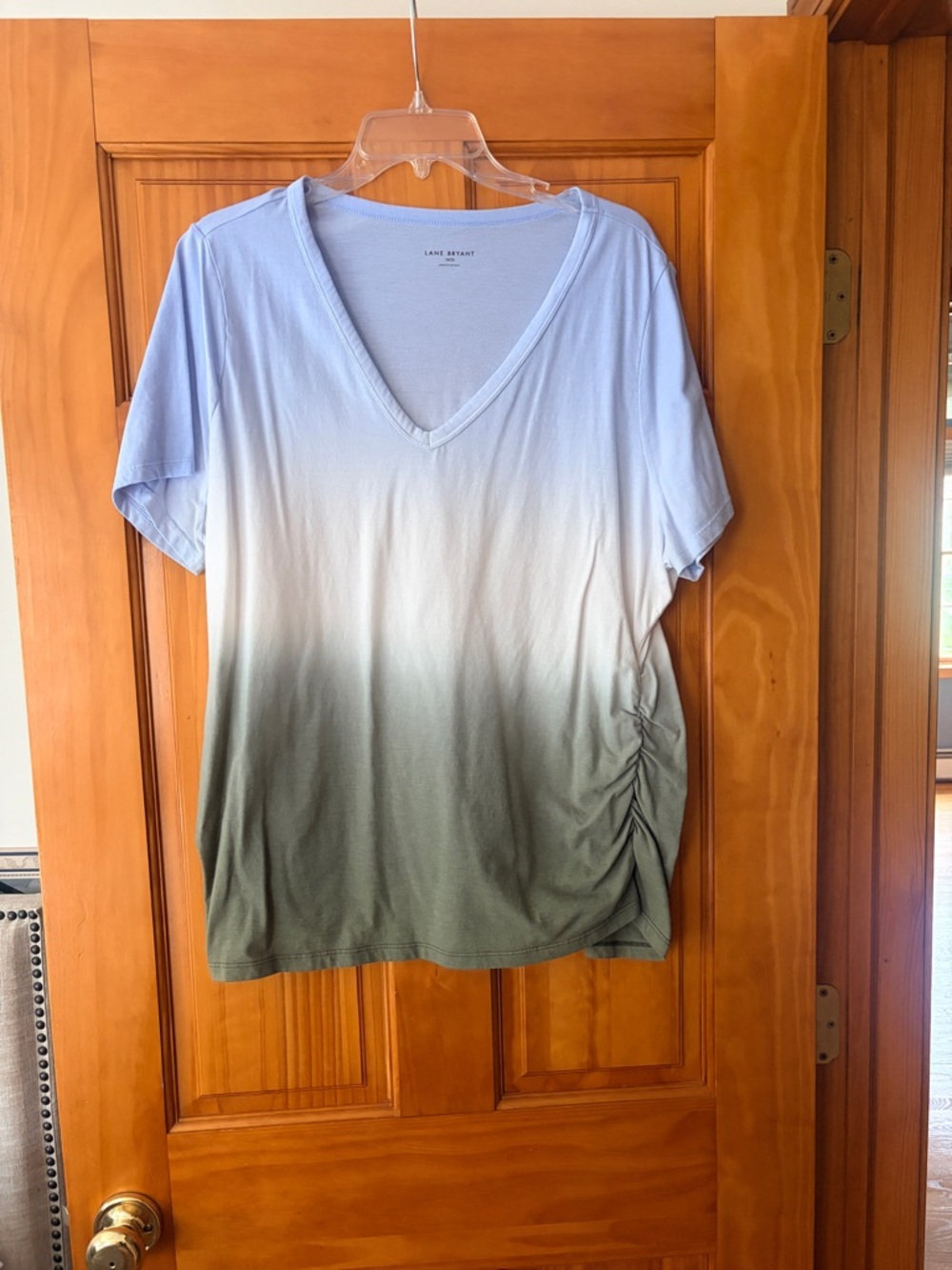 Lane Bryant Ombre V-Neck Short Sleeve Top - Light Blue/Olive Ruched Sz 18/20